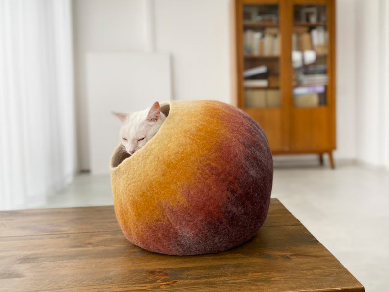 Luxury Artisan-Made Wool Cat Cave Bed: Handcrafted Felt Pet Furniture for Modern Home Decor - Cocoon Design with Warm Autumn Hues