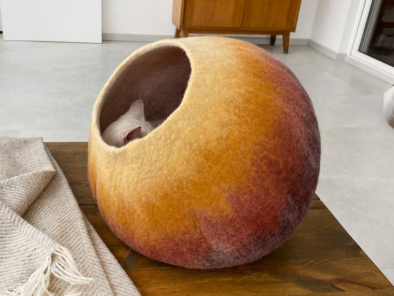 Luxury Artisan-Made Wool Cat Cave Bed: Handcrafted Felt Pet Furniture for Modern Home Decor - Cocoon Design with Warm Autumn Hues